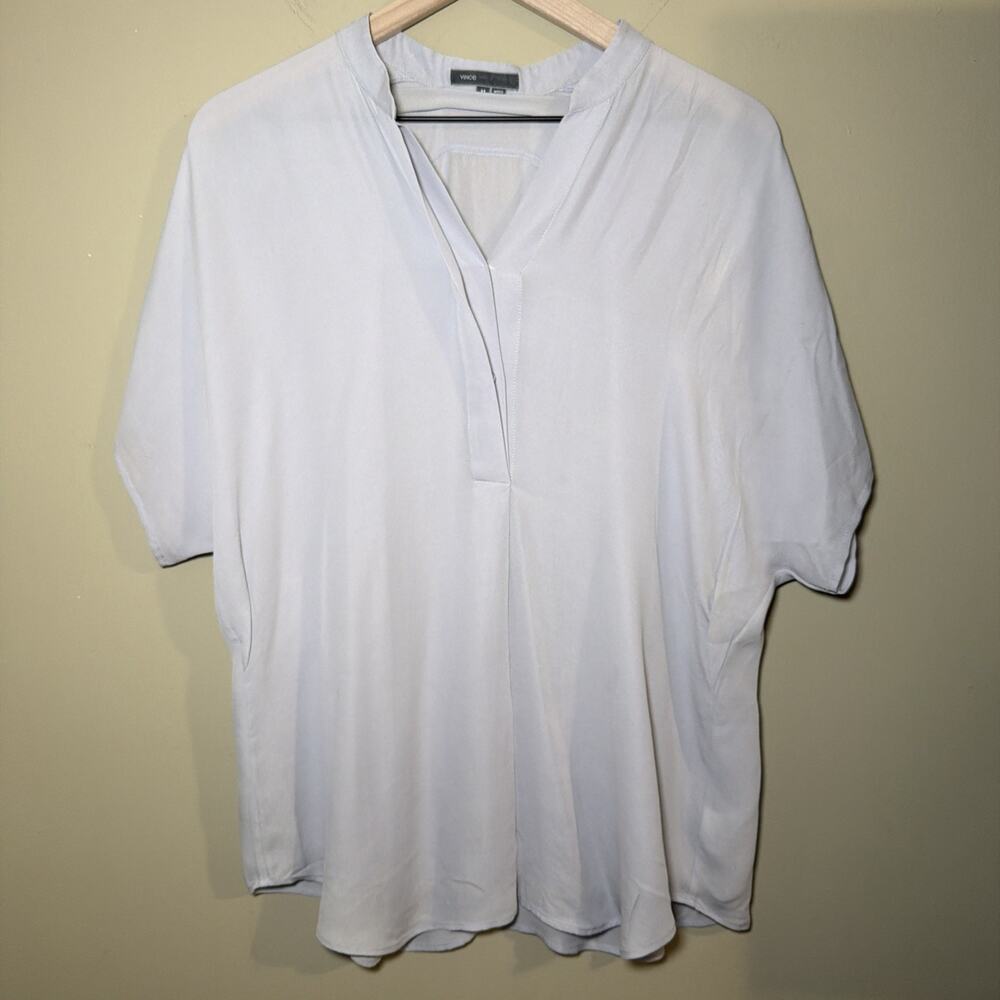 Vince Womens 100% Silk Blouse Gray V Neck Short Sleeve Relaxed Top